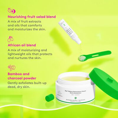 Slaai™ Makeup-Melting Butter Cleanser tubs, Bamboo Booster vials and Slaai spoons arrayed on a white surface with green reflective blocks