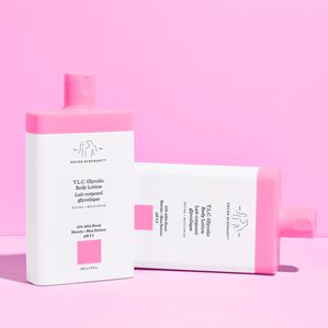 photograph of two T.L.C. Glycolic Body Lotions on pink background