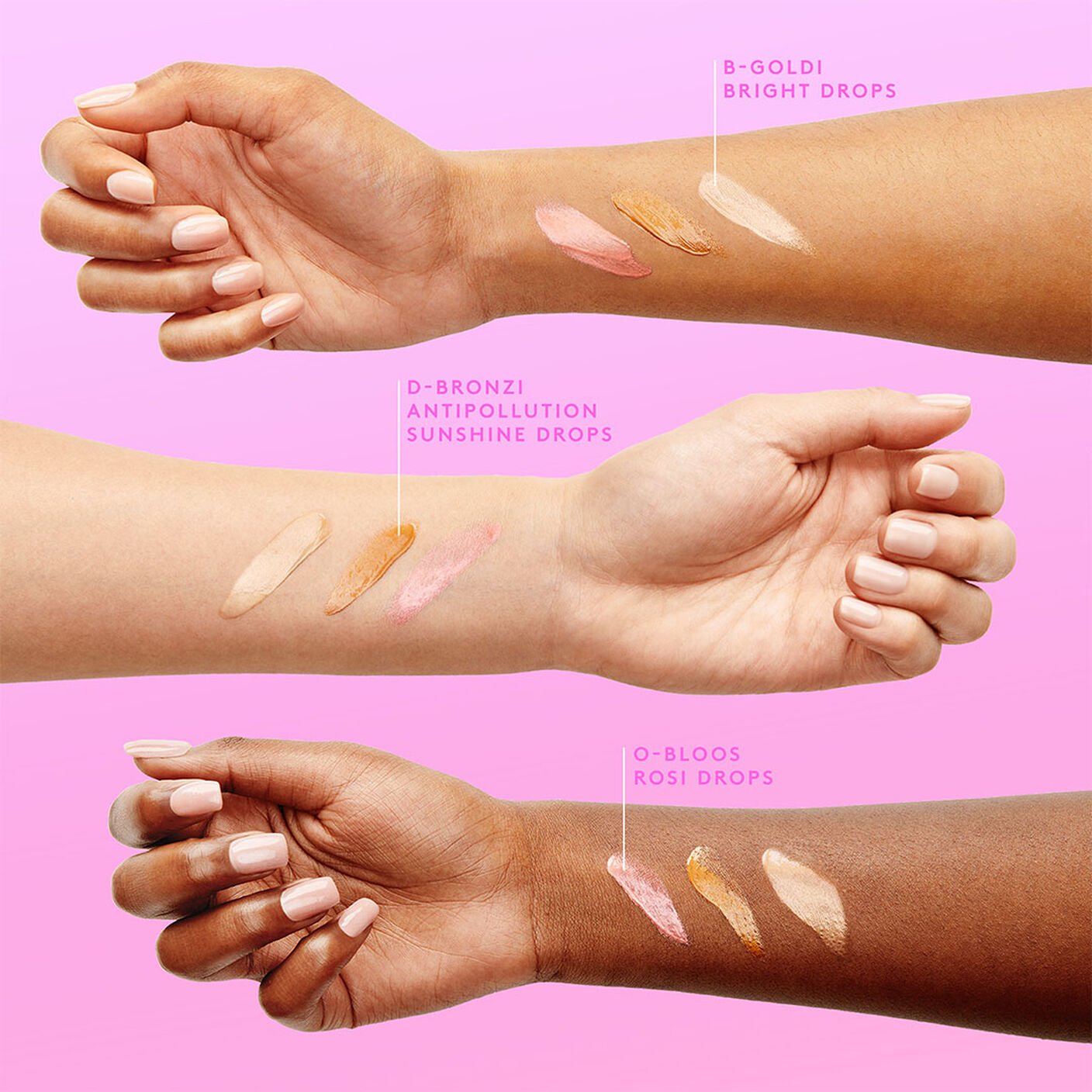    3 arms from top to bottom ranging from light, tan, and dark brown, with all 3 color serums swtach on their inner forearm.
