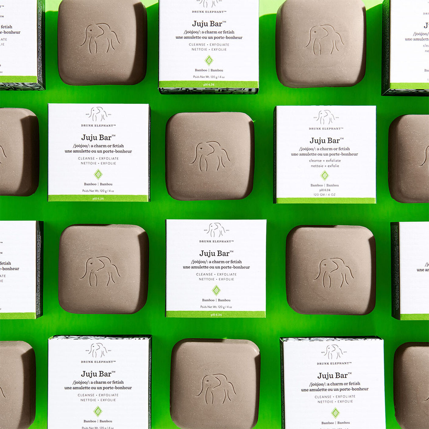 Juju Bar and the packaging repeating on a green background. 