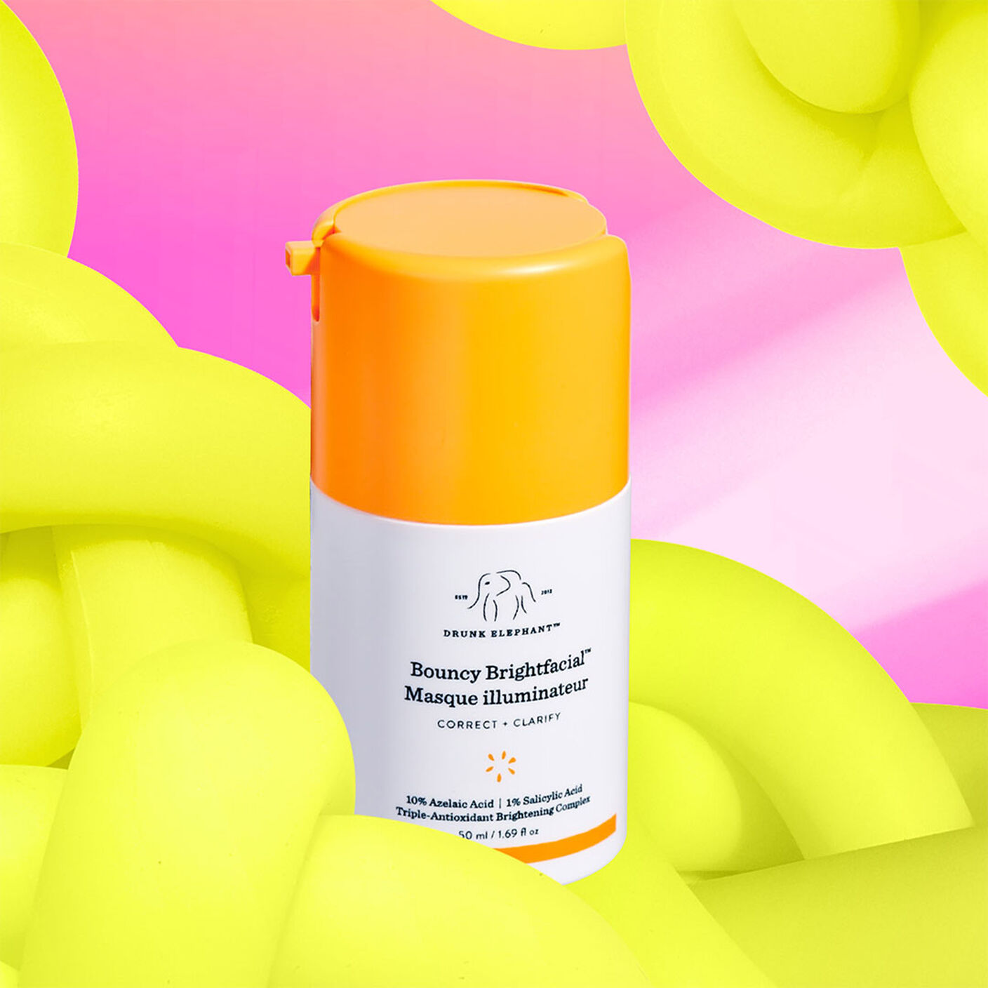 Bouncy brightfacial against a yellow prop.