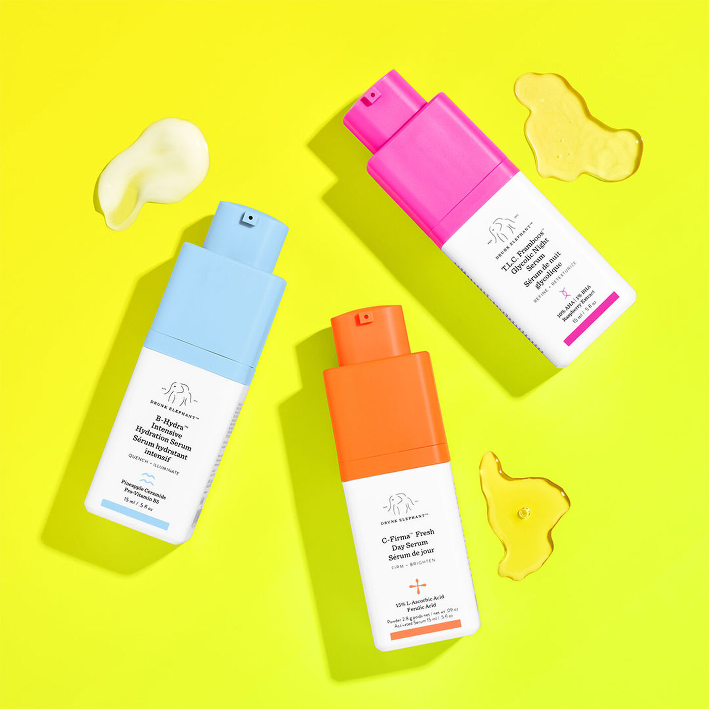 C-Frima, T.L.C Framboos, and B-Hydra with serum smears next to each bottle. 