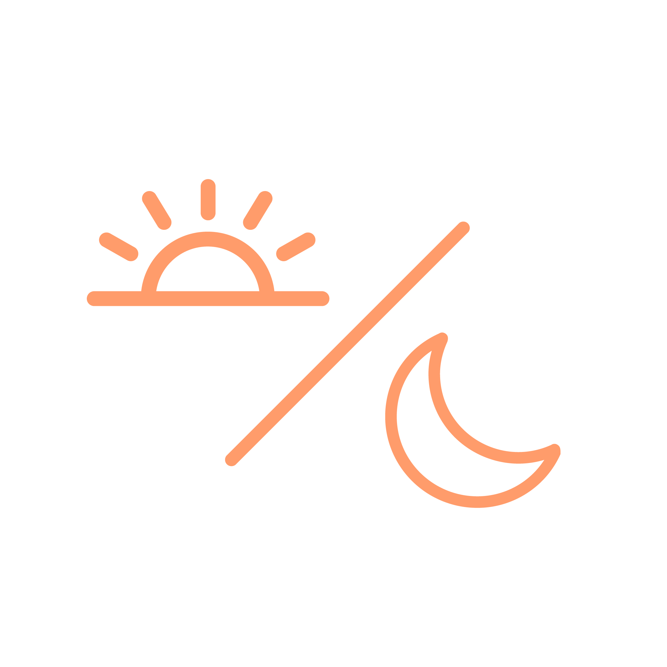 Illustration of a setting sun and crescent moon.