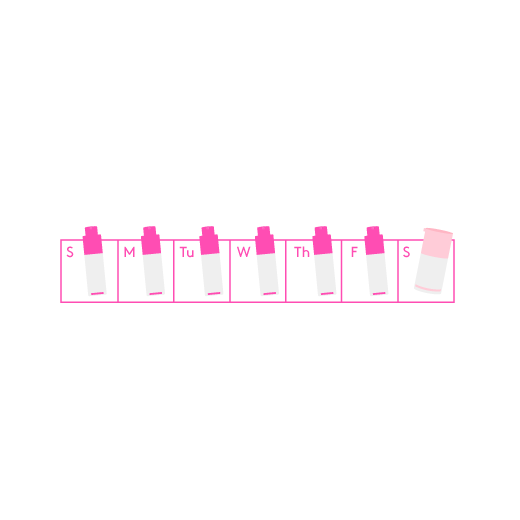 Illustration of a calendar week with TLC Framboos Glycolic Night Serum noted in the Sunday through Friday squares and TLC Sukari Babyfacial on the Saturday square