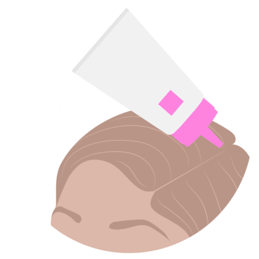 animated illustration showing how to apply scalp scrub directly to the scalp by parting the hair