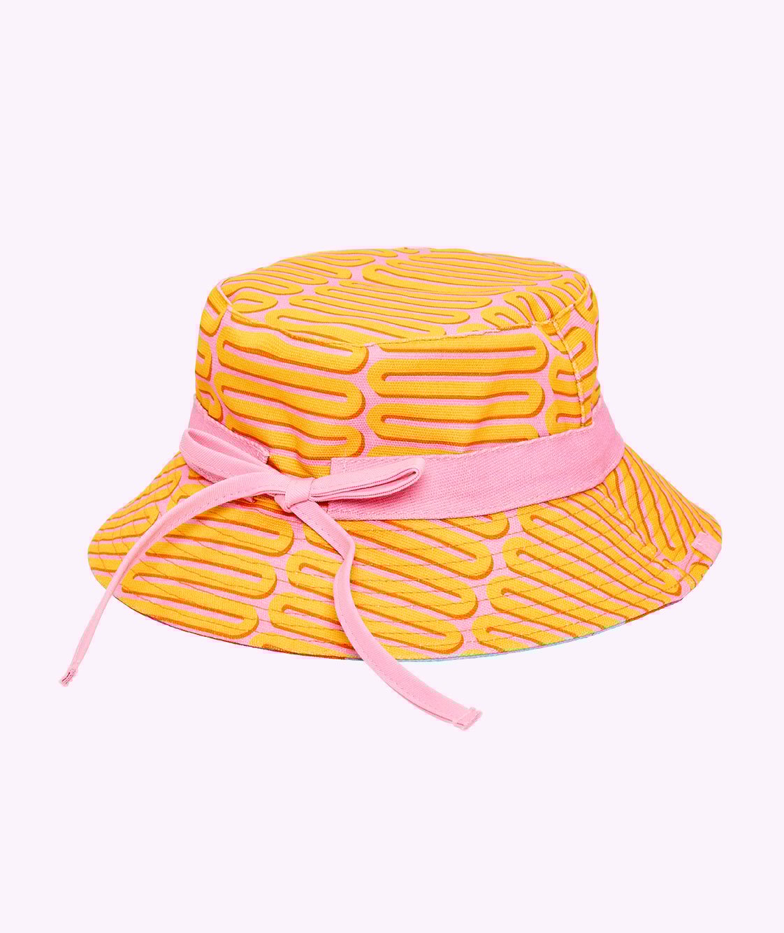 Reversible bucket hat with the invereted design out first. 