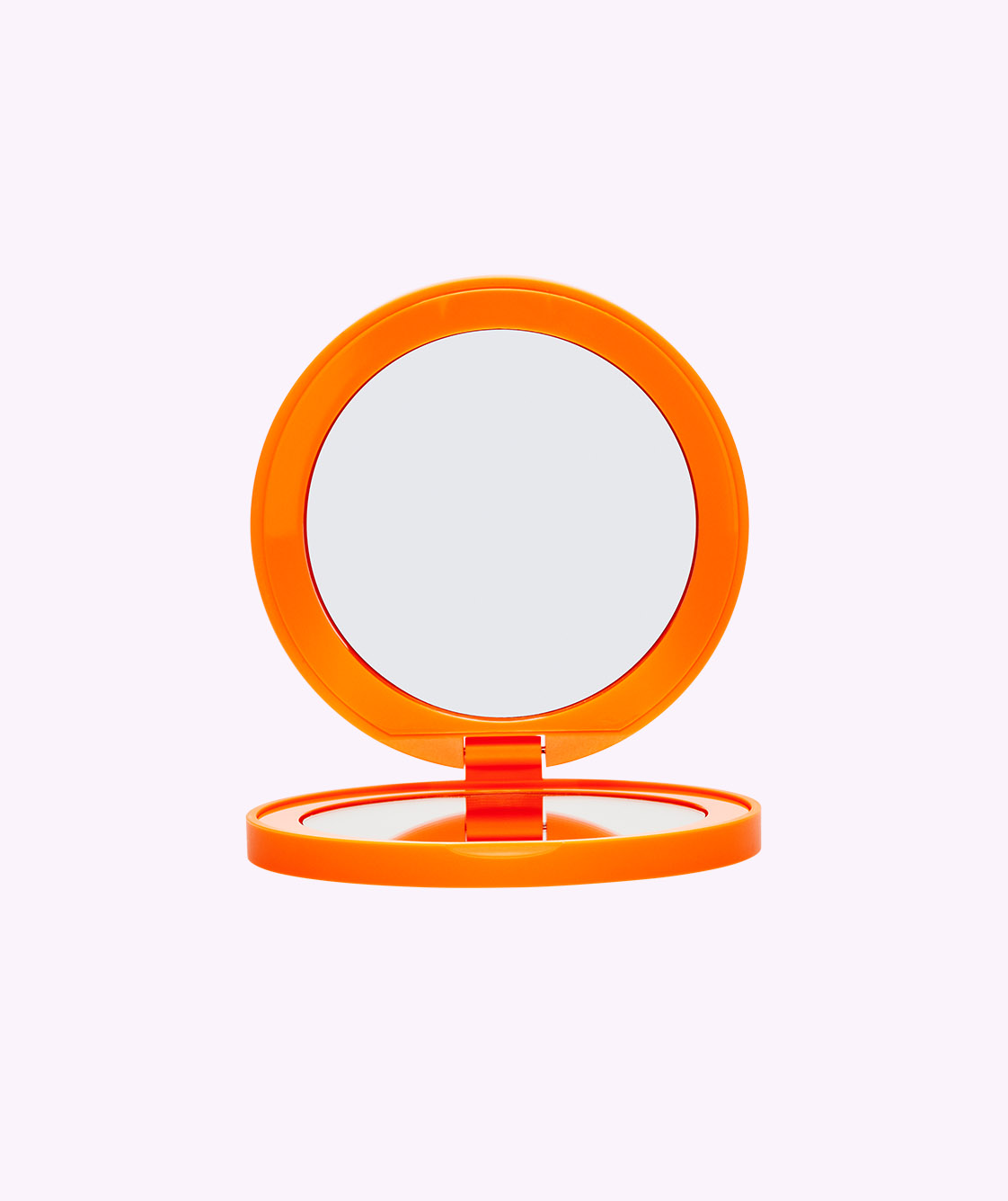 Compact Mirror, Orange  Bright orange compact mirror opened facing front.