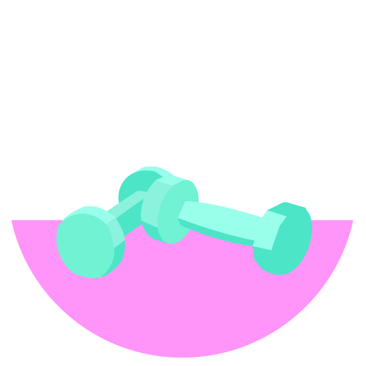 Illustration of green dumbells on a purple floor, to symbolize Protini's firming and moisturizng benefits.