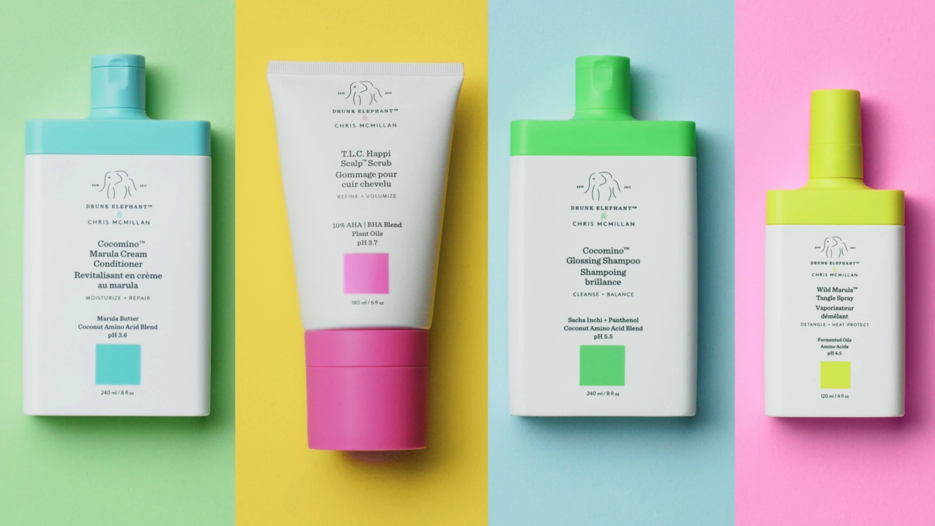 image showing conditioner, scalp scrub, shampoo, and marula tangle spray products on a colorful background. Copy overlay: 