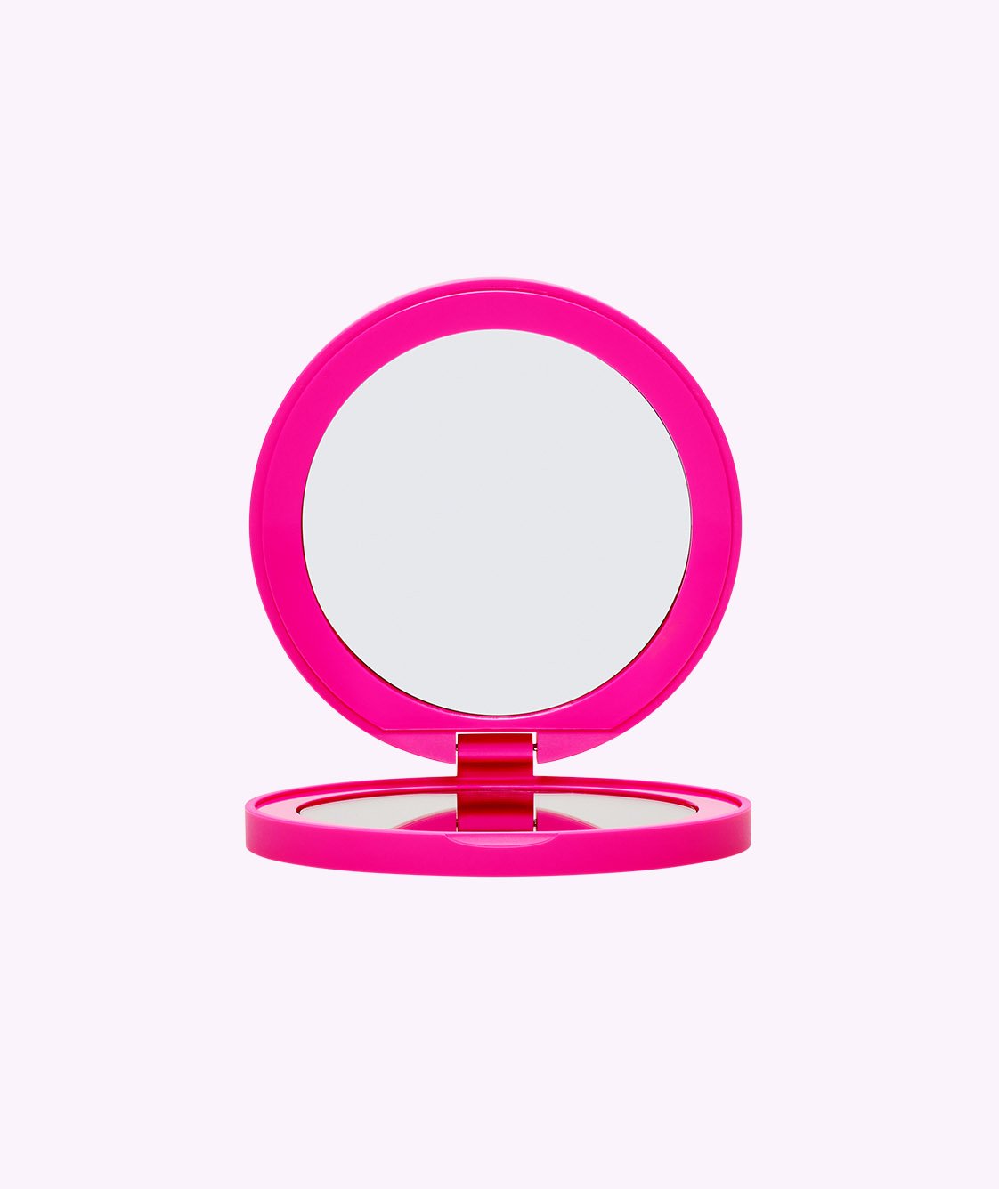  Hot pink compact mirror opened facing front.